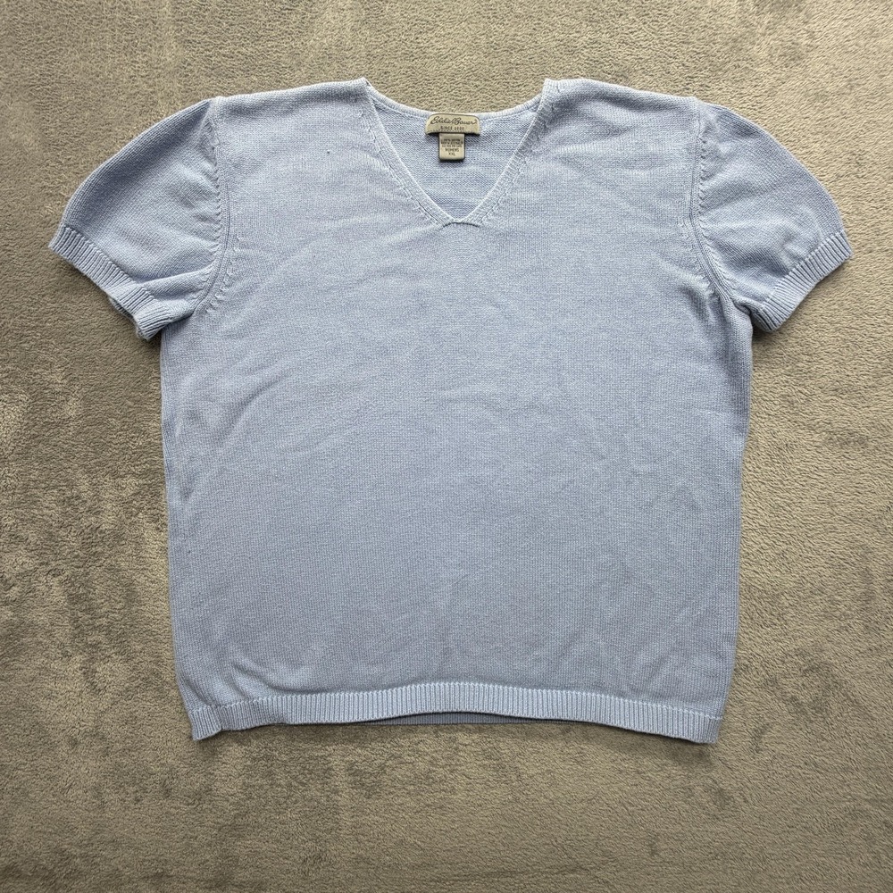 Eddie Bauer‎ Sweater Womens XXL Blue V-Neck Puff Sleeve Cotton Pullover
